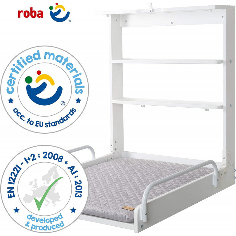 Wall-mounted changing table with white roba Style changing mat
