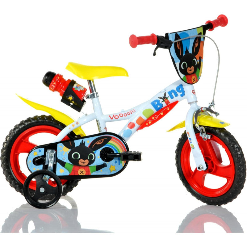 Bicicletta Bing 12";";Bicicletta Bing is a bicycle in black and red colors, featuring the beloved children's character Bing. It is available in various sizes, to be chosen based on the child's age."