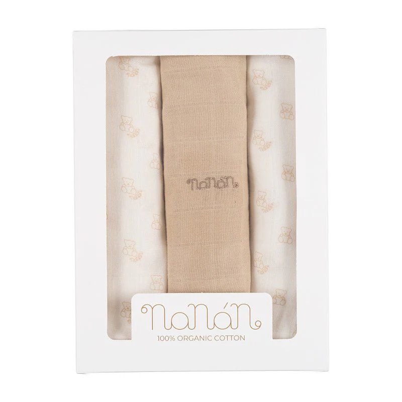 Set of 3 Nanan muslins with all-over teddy bear print, 80x80 cm, beige