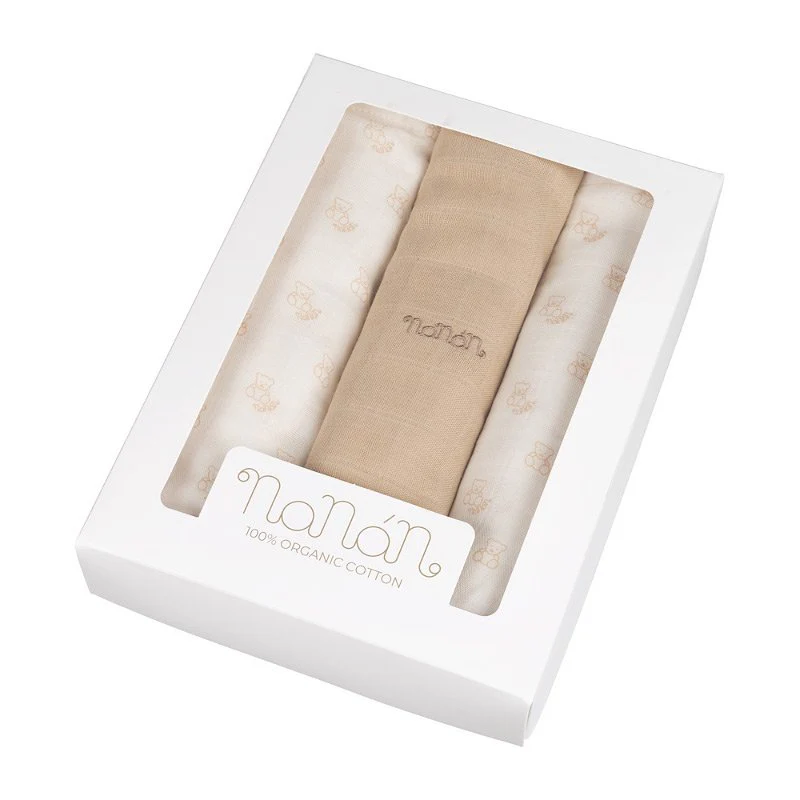 Set of 3 Nanan muslins with all-over teddy bear print, 80x80 cm, beige