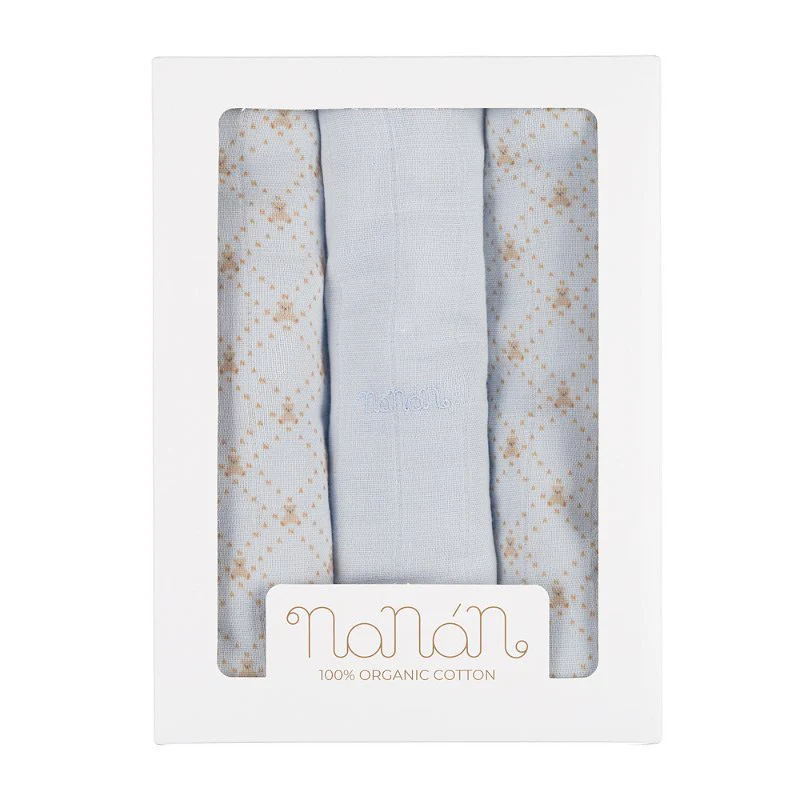Set of 3 Nanan muslins with all-over lettering 80x80 cm light blue