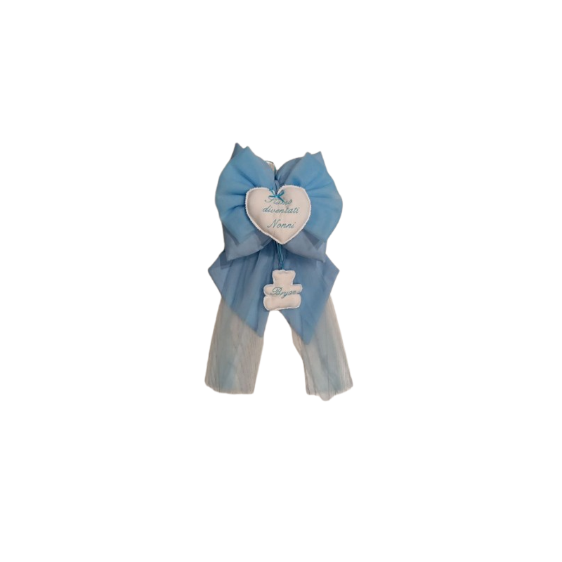 Blue Tulle Birth Bow with Embroidery