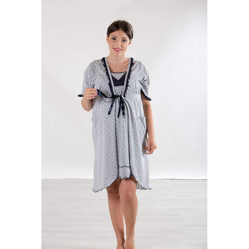 Nightgown Half Sleeve, Grey Polka Dot - T4