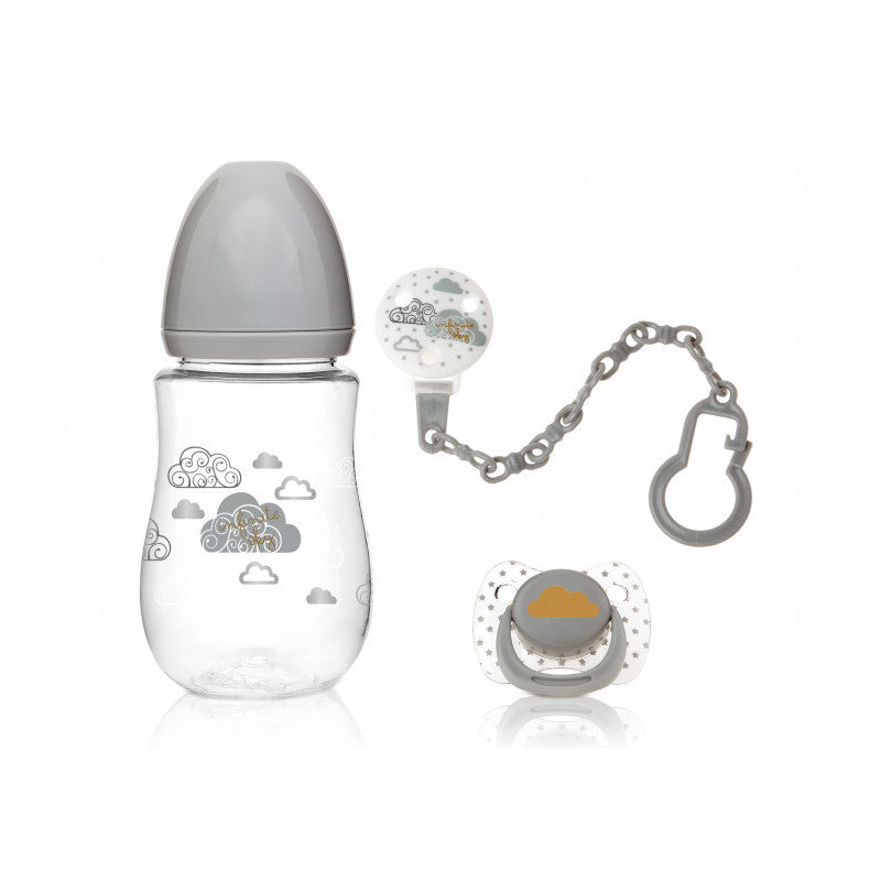 Set aus Babyflasche, Schnuller und Clip