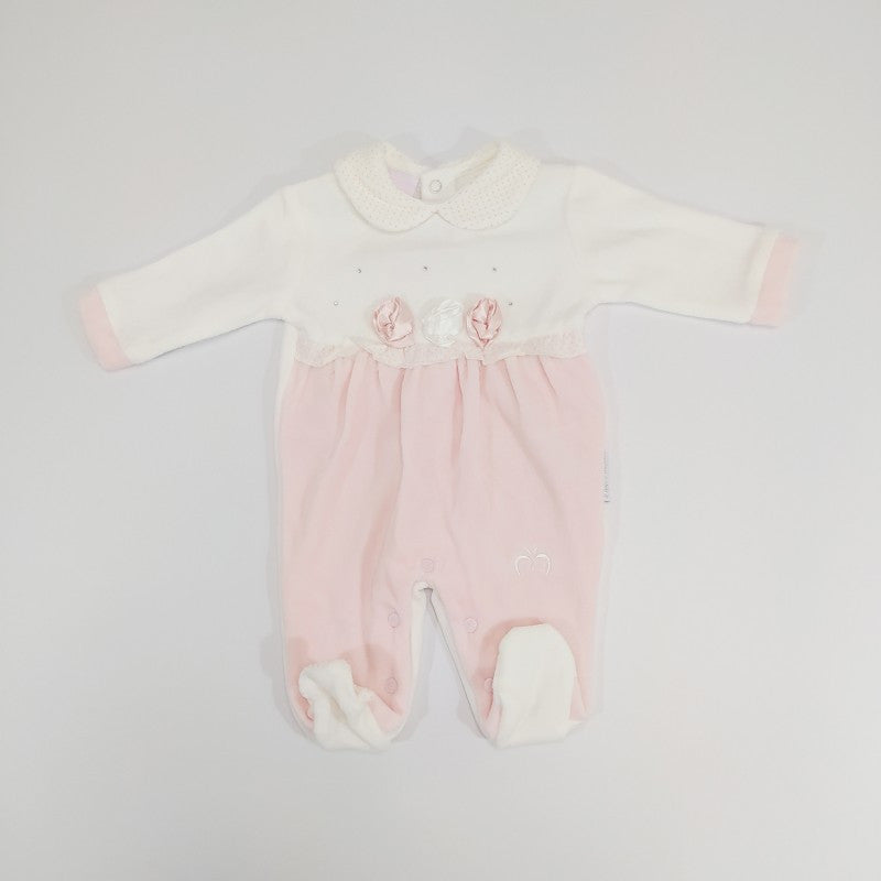 Chenille-Strampler mit rosa Stickerei 6/9 Monate